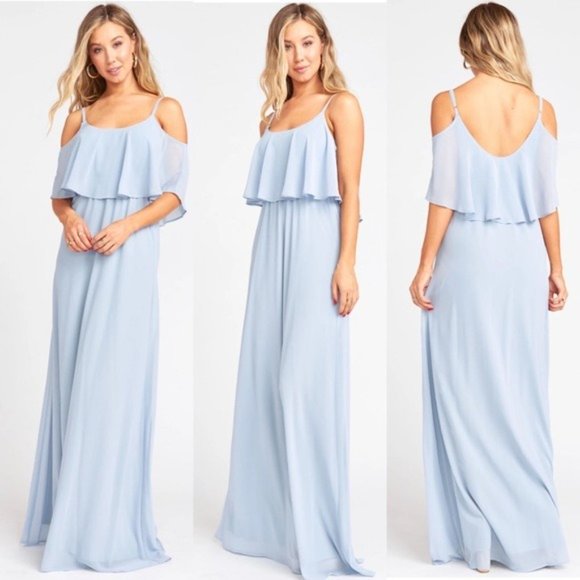 Show Me Your Mumu Caitlin Ruffle Maxi Dress in Steel Blue Chiffon Size Small - Picture 11 of 11